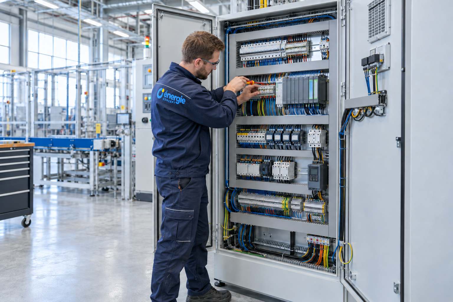 Électricien travaillant sur une armoire électrique industrielle