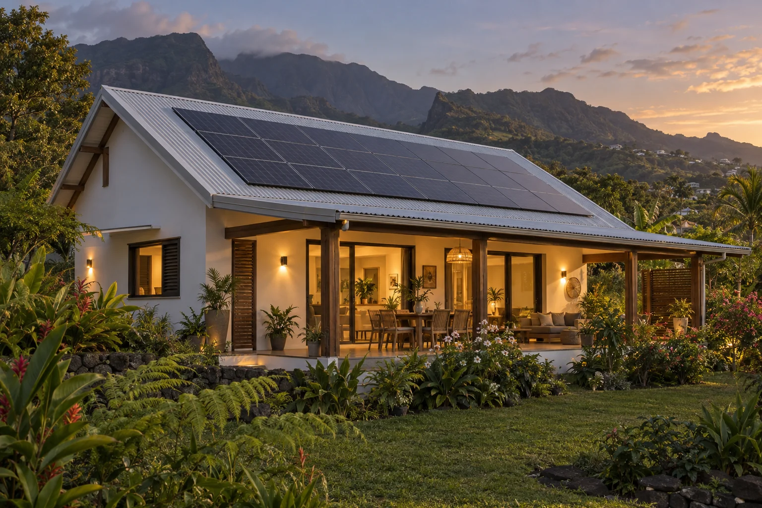 Illustration d’une maison réunionnaise équipée de panneaux solaires à la tombée du jour